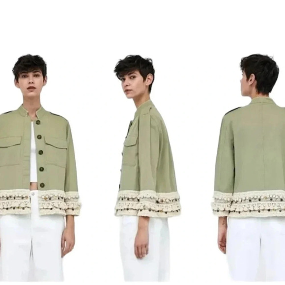 Zara Tassel Pom Crochet Fringe Boho Utility Jacket Green Size XS - Picture 3 of 15